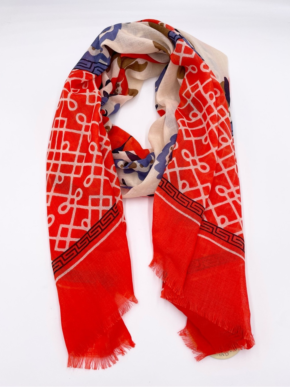 NEW Spartina 449 Peony Lattice Scarf 100% Wool Red Blue Cream Coastal Nautical - Picture 4 of 10